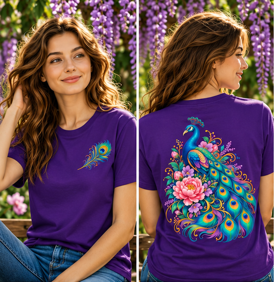 Majestic Peacock & Floral Front & Back T-Shirt