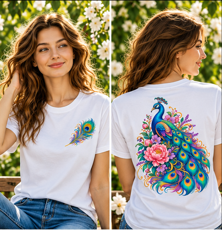 Majestic Peacock & Floral Front & Back T-Shirt