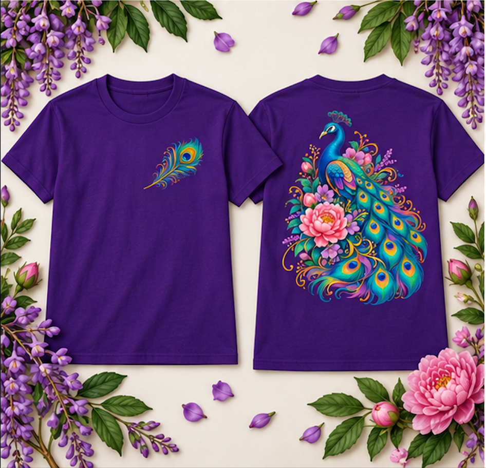 Majestic Peacock & Floral Front & Back T-Shirt
