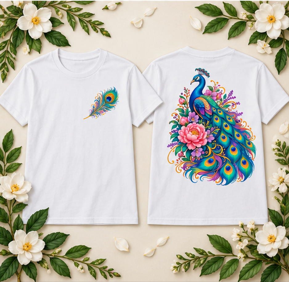 Majestic Peacock & Floral Front & Back T-Shirt