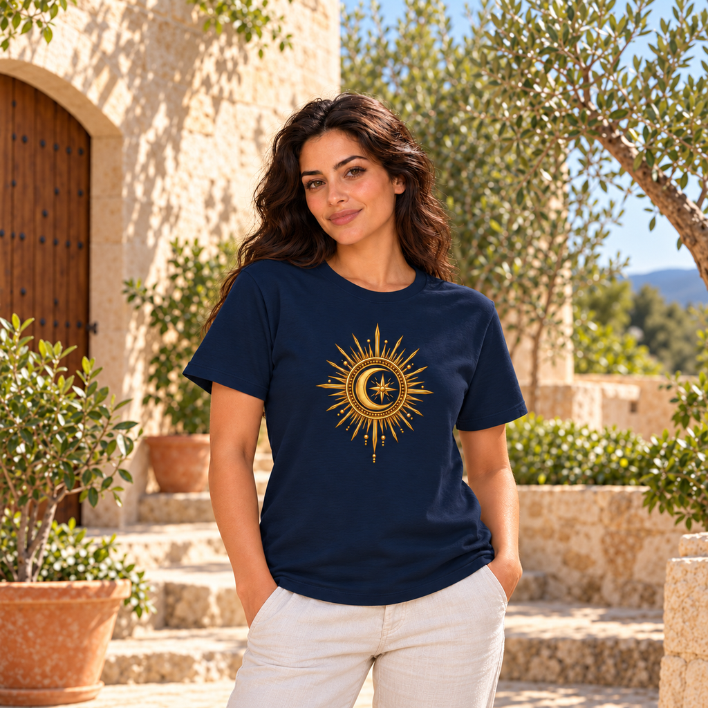 Celestial Harmony – Antique Gold Sun & Moon T-Shirt :: Unisex classic tee