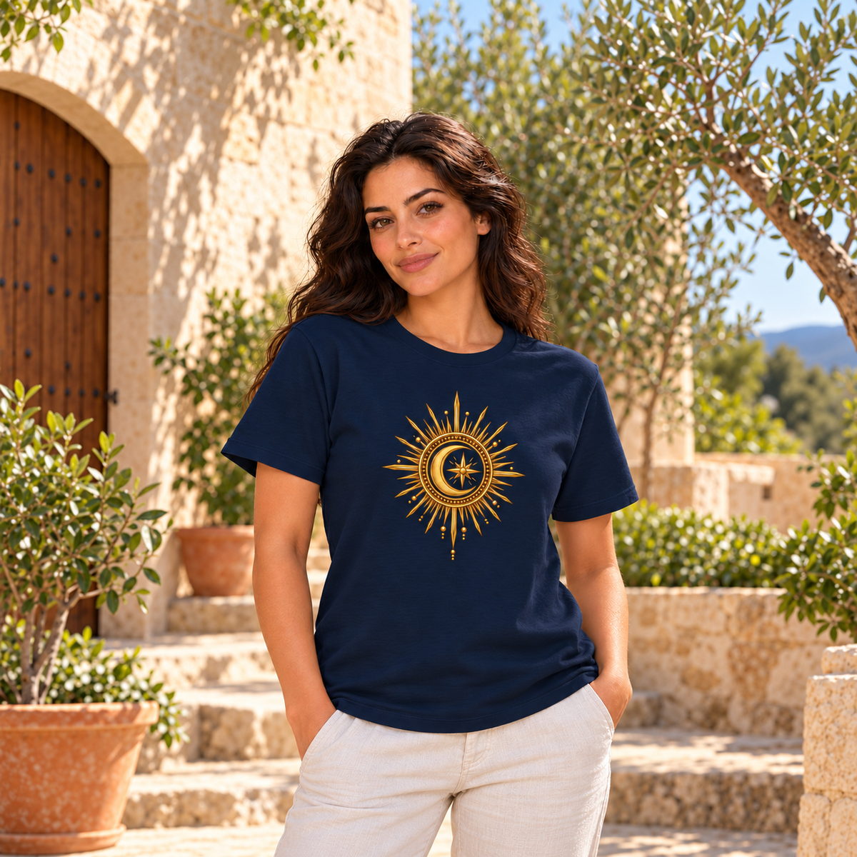 Celestial Harmony – Antique Gold Sun & Moon T-Shirt :: Unisex classic tee