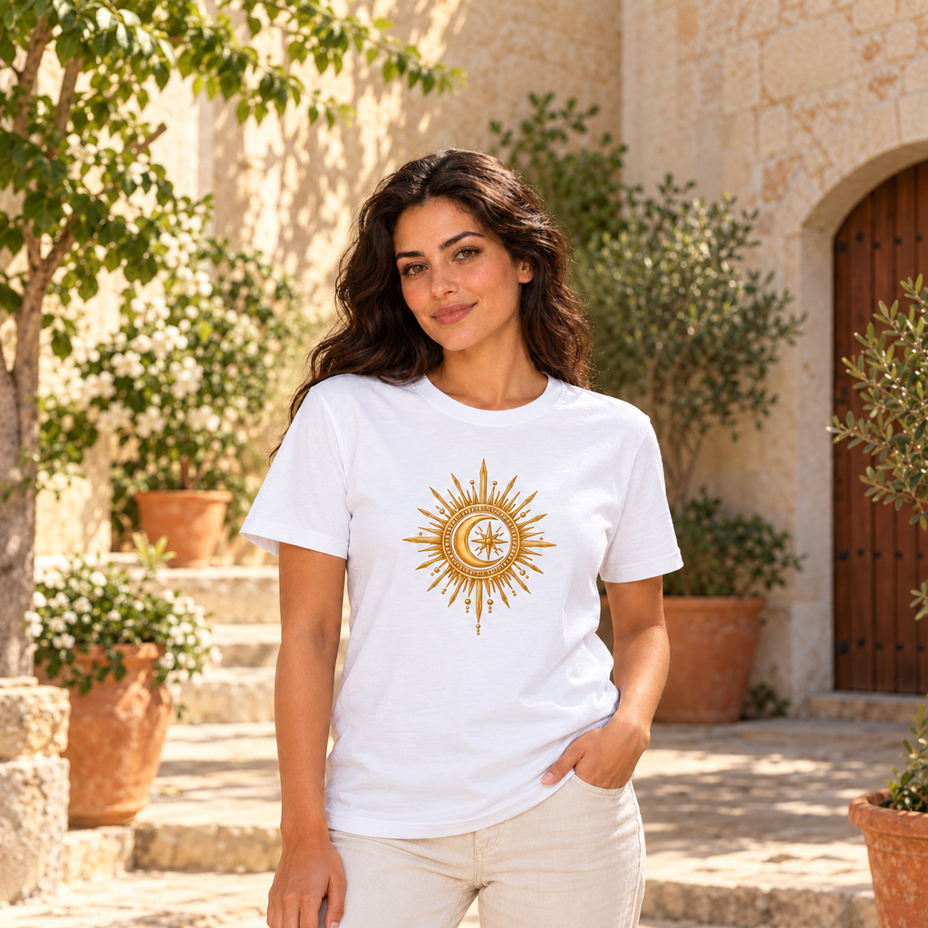 Celestial Harmony – Antique Gold Sun & Moon T-Shirt :: Unisex classic tee