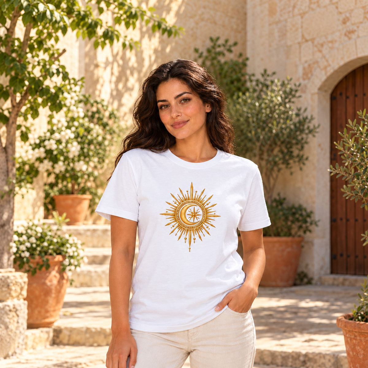 Celestial Harmony – Antique Gold Sun & Moon T-Shirt :: Unisex classic tee
